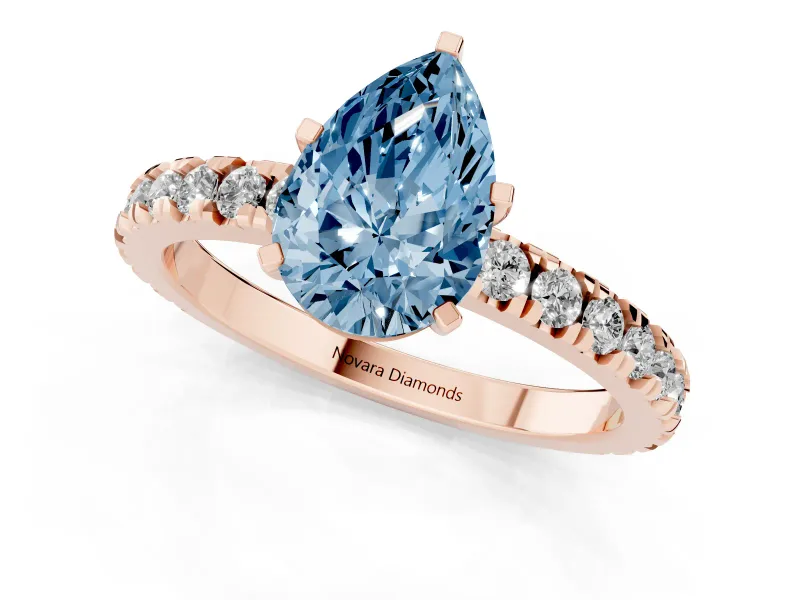 Fancy Blue Pear Cut Diamond Pavé Band Solitaire Set in Rose gold with Prong Setting