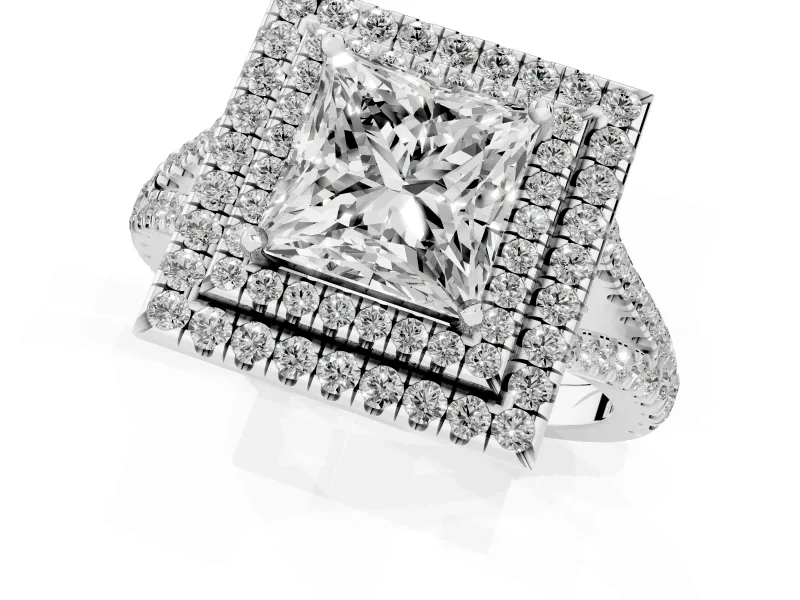 Princess Cut Double Halo Split Shank Engagement Ring Setting | Pavé Shoulders | White Gold
