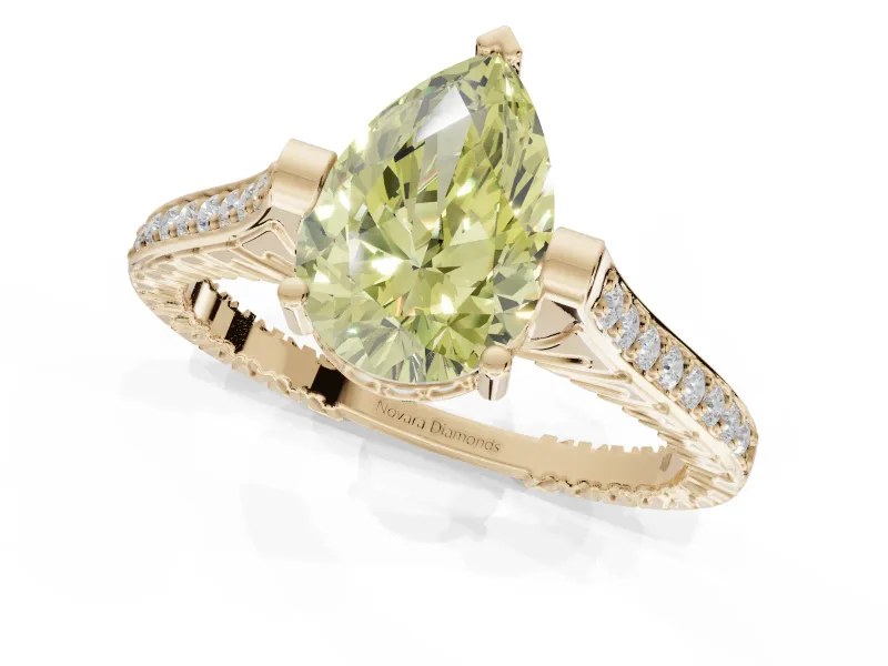 Pear-Shaped Vintage Cathedral Engagement Ring Setting for a Fancy Yellow Lab-Grown Diamond | Carved Band | Yellow Gold