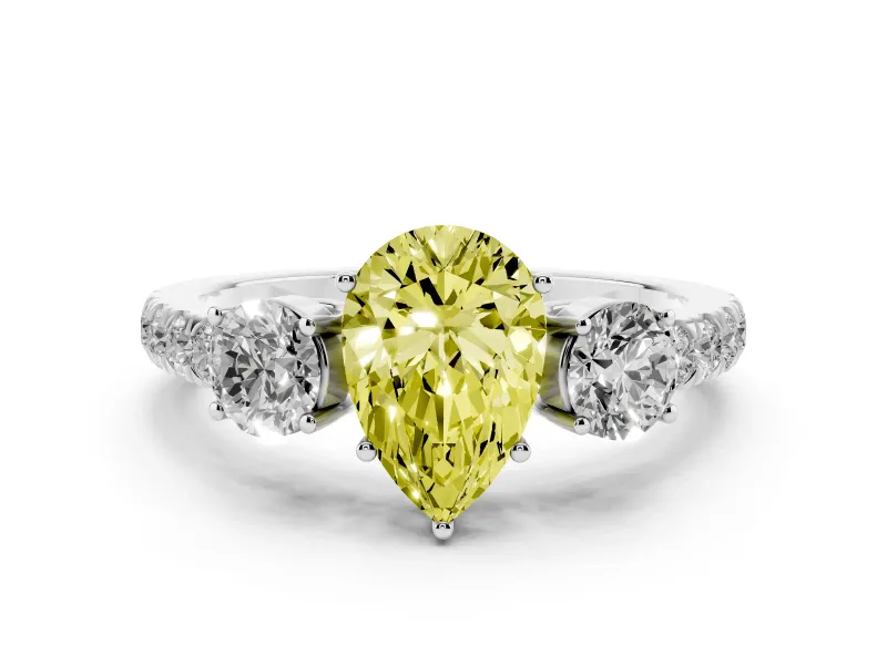 Fancy Yellow Pear Cut Diamond Three-Stone Ring Set in Platinum with Round Side Stones and Delicate Pavé Band