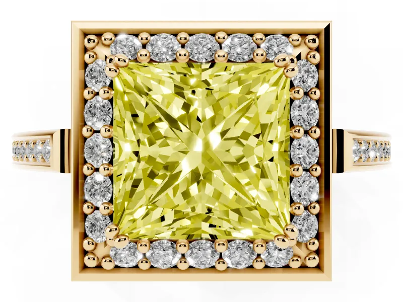 Princess Cut Halo Engagement Ring Setting for a Fancy Yellow Lab-Grown Diamond | Polished Halo Rim | Yellow Gold