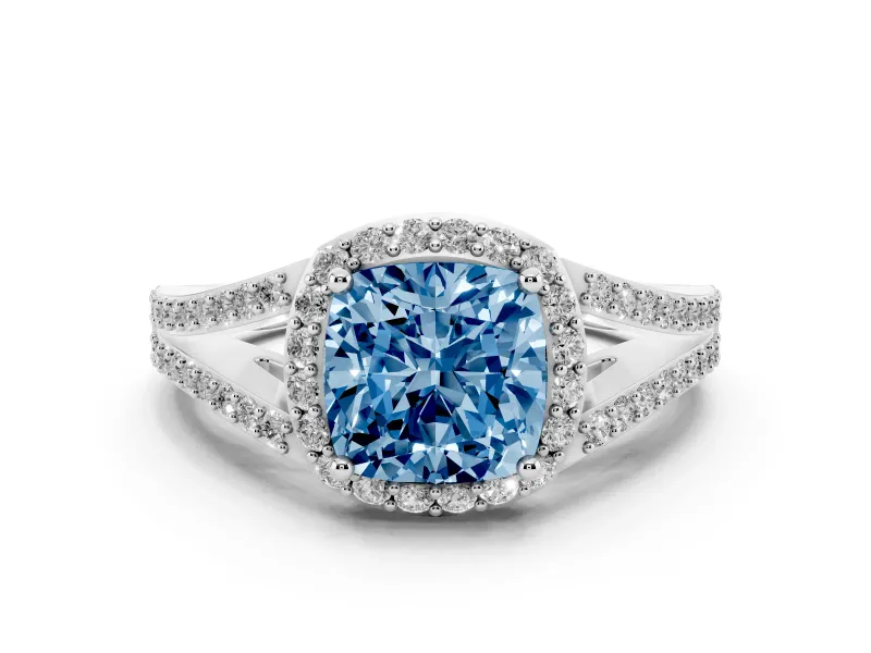 Fancy Blue Cushion Cut Diamond Halo Split Shank Pavé Ring Set in Platinum with Prong Setting