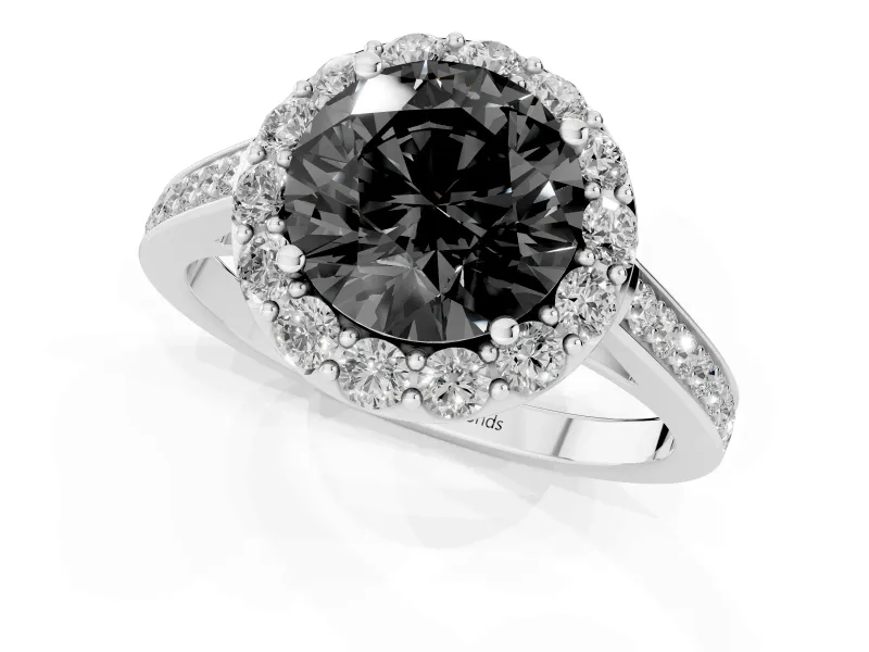 Fancy Black Round Cut Diamond Floral Halo Ring Set in Platinum with Pavé Band and Prong Setting