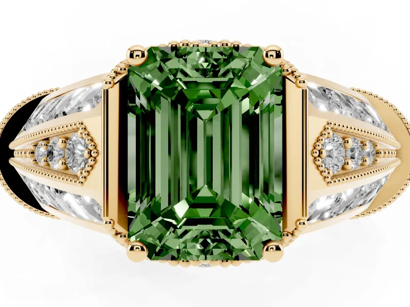 Fancy Green Emerald Cut Diamond Vintage-Inspired Milgrain Ring Set in Yellow gold with Accent Split Shank