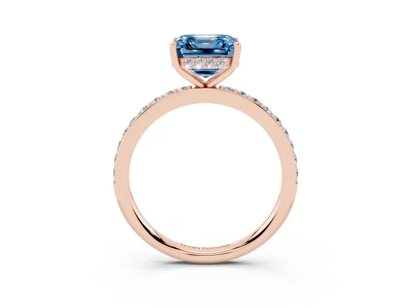 Fancy Blue Asscher Cut Diamond Pavé Band Ring Set in Rose gold with Prong-Set Center Stone