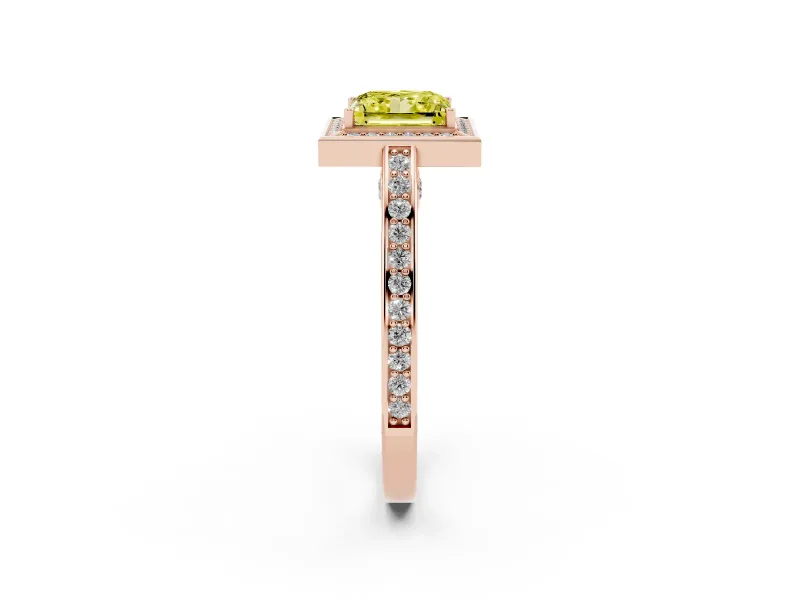 Fancy Yellow Princess Cut Diamond Halo Pavé Split Shank Ring Set in Rose gold with Prong Setting