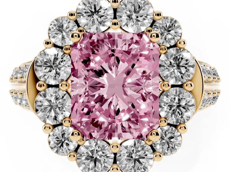 Fancy Pink Radiant Cut Diamond Halo Engagement Ring Set in Yellow gold with Split Shank and Prong Setting