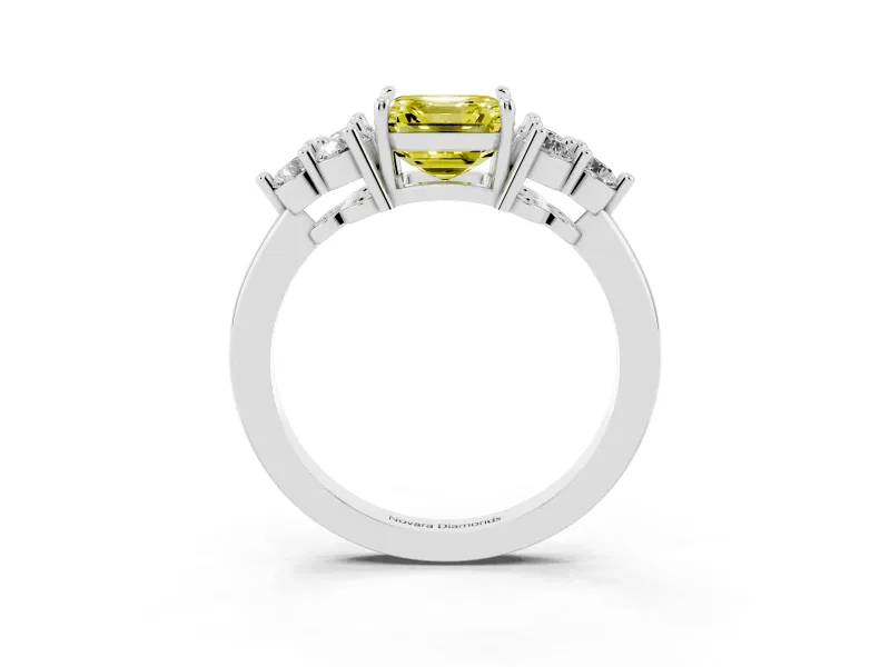 Fancy Yellow Asscher Cut Diamond Solitaire Ring Set in Silver with Cluster Accents on Each Side