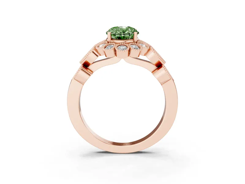 Oval Scalloped Halo Engagement Ring Setting for a Fancy Green Lab-Grown Diamond | Heart Pavé Band | Rose Gold
