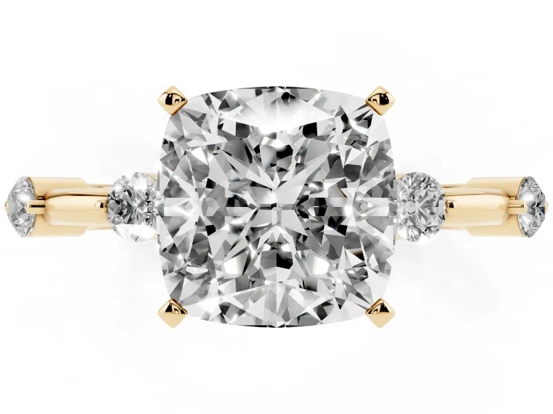 Cushion Cut Diamond Solitaire Ring Set in Yellow gold with Bezel Set Side Stones and Prong Setting
