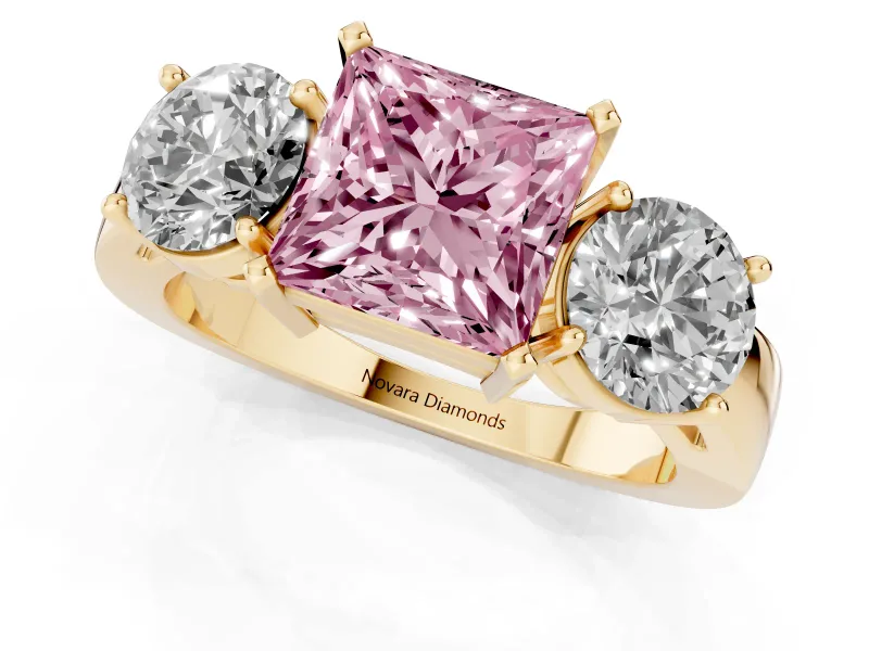 Princess Cut Three Stone Engagement Ring Setting for a Fancy Pink Lab-Grown Diamond | Wide Plain Band | Yellow Gold
