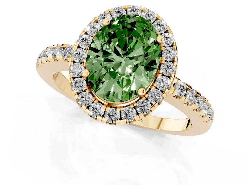 Fancy Green Oval Cut Diamond Pavé Band Halo Engagement Ring Set in Yellow gold with Prong Setting