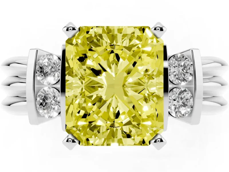 Fancy Yellow Three-Stone Radiant Cut Diamond Channel Set Ring Set in Silver with Bar Prongs