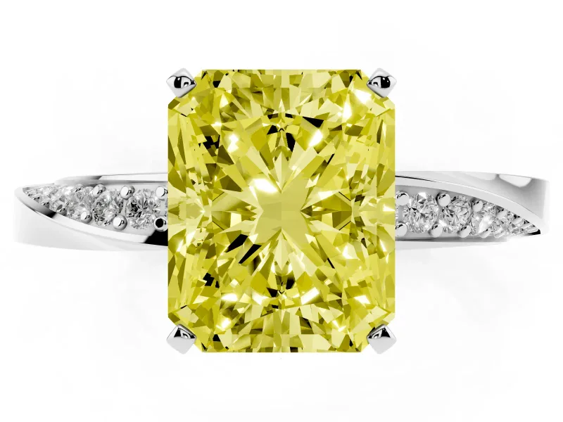 Fancy Yellow Radiant Cut Diamond Engagement Ring Set in Platinum with Side Stone Accents and Prong Setting