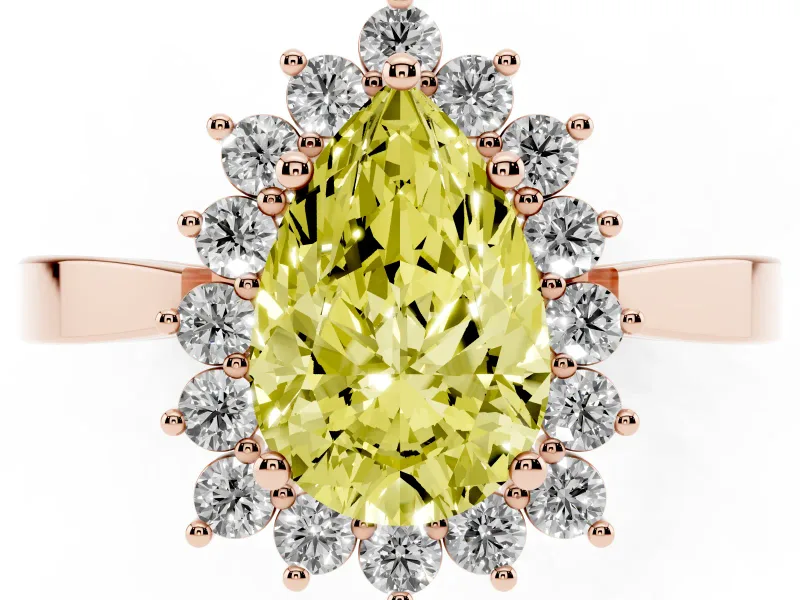 Fancy Yellow Pear Cut Diamond Halo Ring Set in Rose gold with Round Halo and Smooth Solitaire Band
