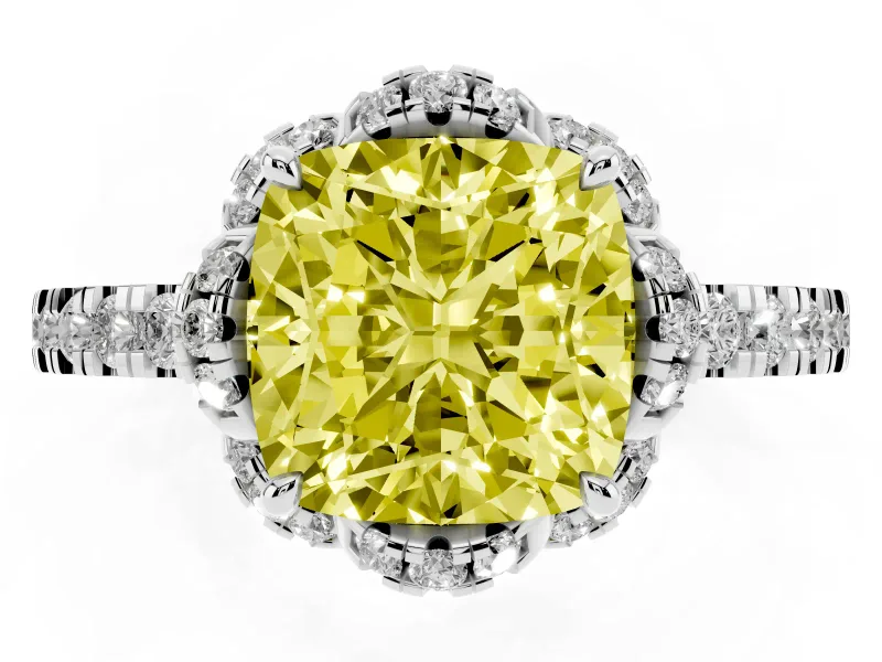 Cushion Cut Floral Petal Halo Engagement Ring Setting for a Fancy Yellow Lab-Grown Diamond | Pavé Band | Platinum
