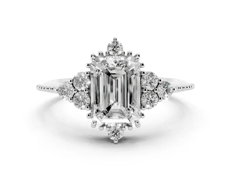 Emerald Cut Diamond Cluster Ring Set in Platinum with Beaded Band