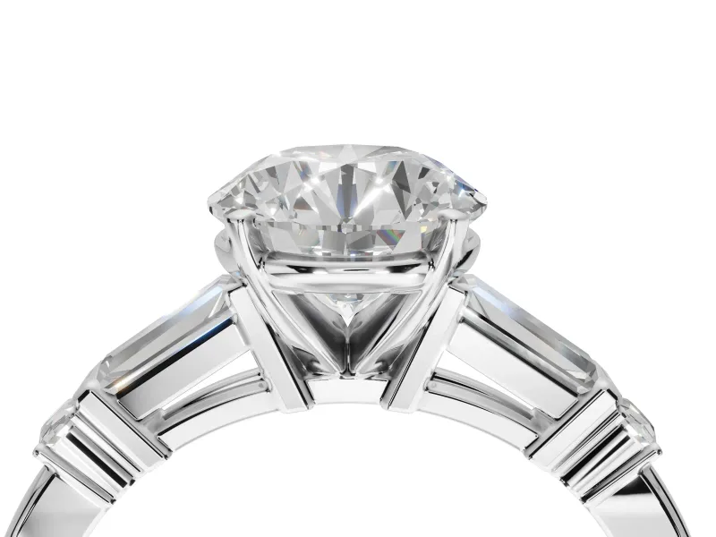 Round Tapered Baguette Engagement Ring Setting | Bar Set Sides | Sterling Silver