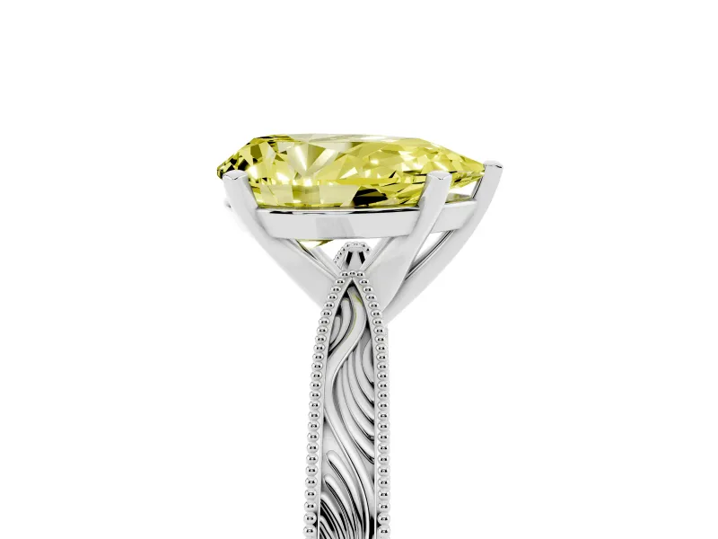 Fancy Yellow Pear Cut Diamond Solitaire Milgrain Engraved Band Set in Silver with Prong Setting