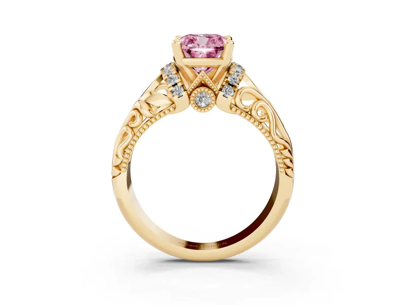 Cushion Cut Filigree Engagement Ring Setting for a Fancy Pink Lab-Grown Diamond | Yellow Gold