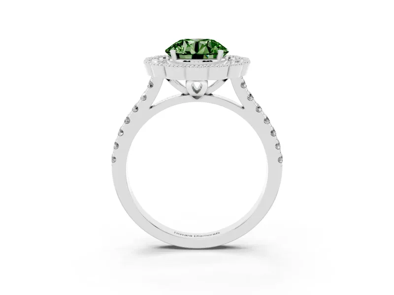 Fancy Green Round Cut Diamond Milgrain Floral Halo Engagement Ring Set in White gold with Pavé Band