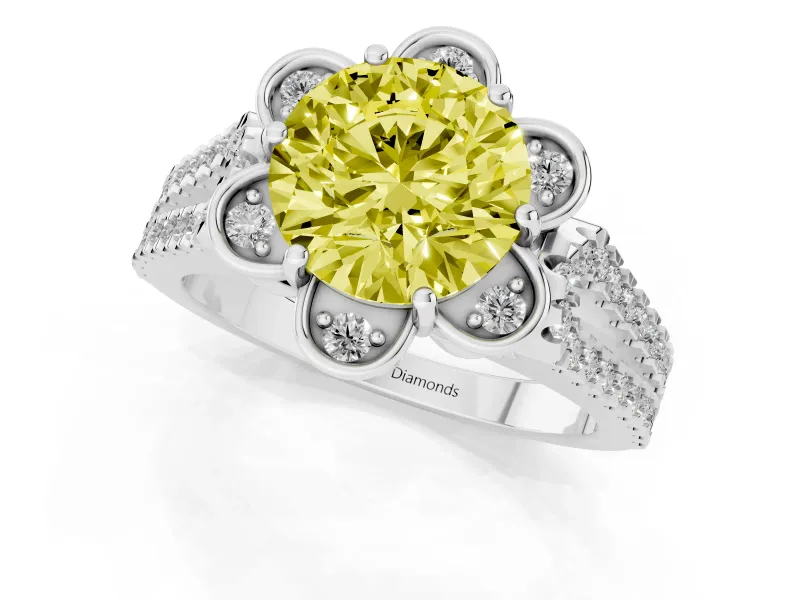 Round Floral Halo Engagement Ring Setting for a Fancy Yellow Lab-Grown Diamond | Pavé Split Shank | White Gold
