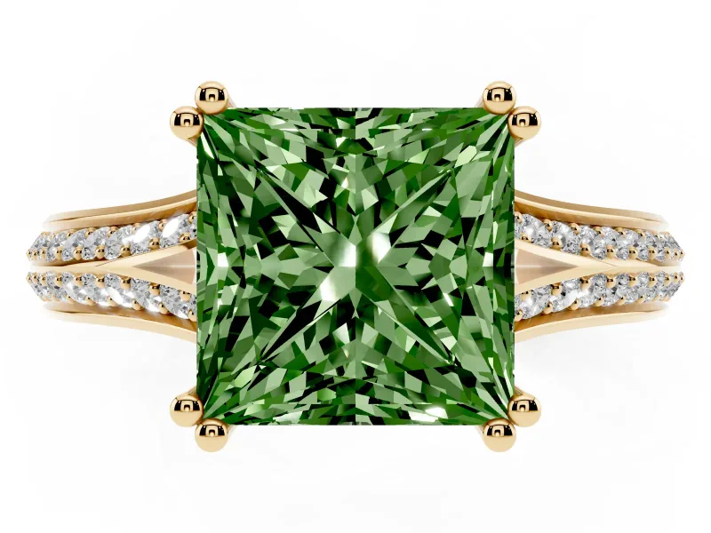 Princess Cut Split Shank Engagement Ring Setting for a Fancy Green Lab-Grown Diamond | Pave Band | Yellow Gold
