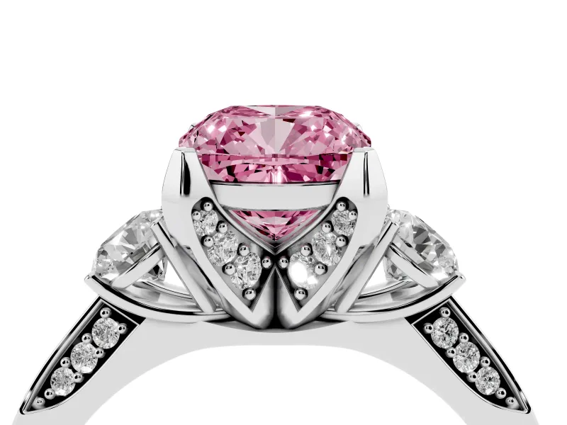 Cushion Cut Hidden Halo Three Stone Engagement Ring Setting for a Fancy Pink Lab-Grown Diamond | Sterling Silver