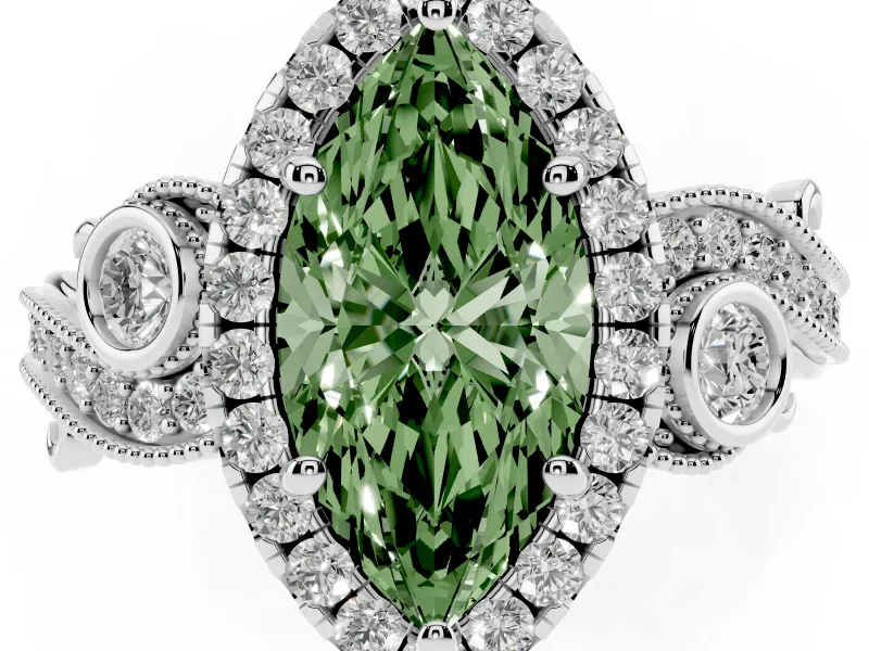 Fancy Green Marquise Cut Diamond Halo Ring Set in Silver with Milgrain Pavé Band and Prong Setting