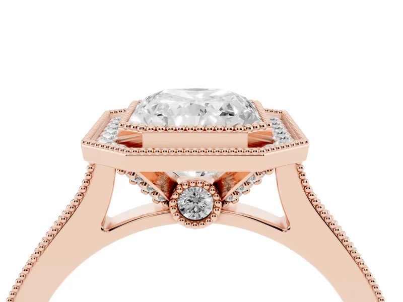 Radiant Cut Vintage Milgrain Halo Engagement Ring Setting | Bezel Head | Rose Gold