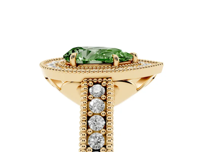 Fancy Green Pear Cut Diamond Halo Ring Set in Yellow gold with Round Accent Halo, Pavé Band and Prong Setting