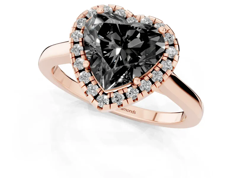 Fancy Black Heart Cut Halo Round Diamond Solitaire Ring Set in Rose gold with Pavé Band and Prong Setting