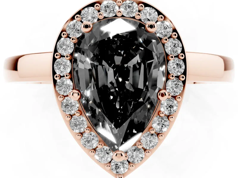 Fancy Black Pear Cut Diamond Halo Ring Set in Rose gold with Solitaire Band and Prong Setting