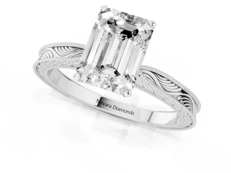 Emerald Cut Diamond Solitaire Milgrain Engraved Band Set in Silver with Prong Setting