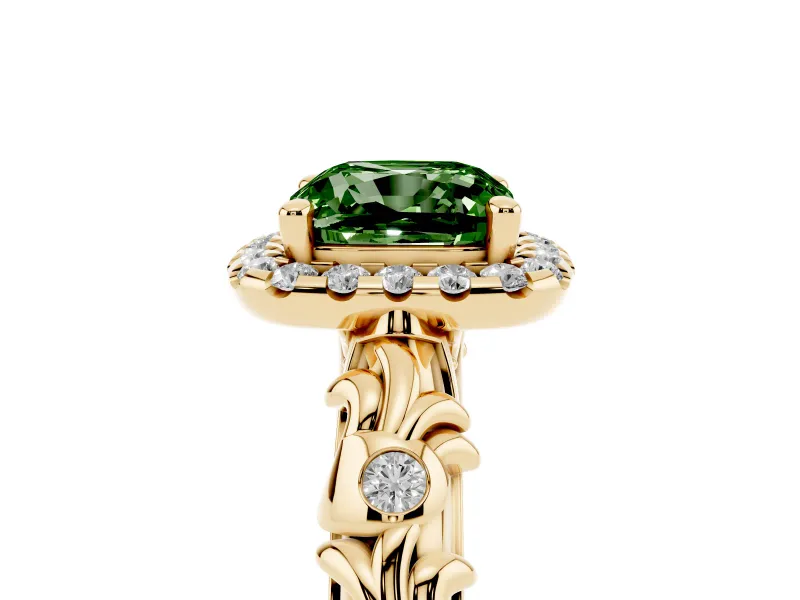 Cushion Cut Leaf Halo Engagement Ring Setting for a Fancy Green Lab-Grown Diamond | Bezel Accents | Yellow Gold
