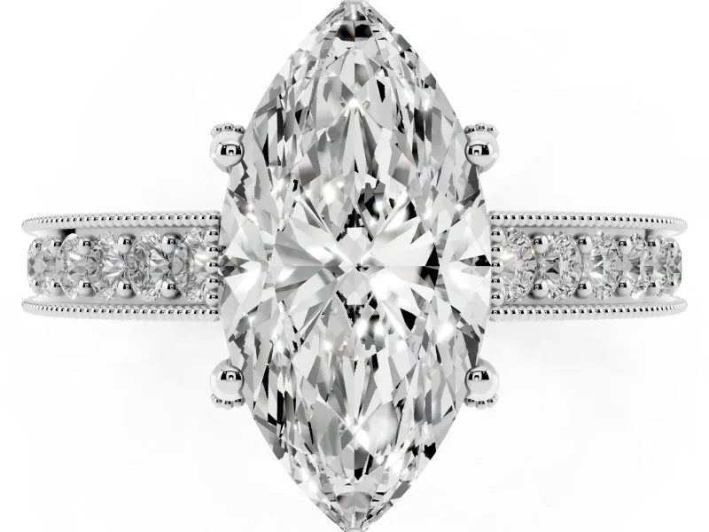 Marquise Vintage Hidden Halo Engagement Ring Setting | Milgrain Pave Band | Sterling Silver