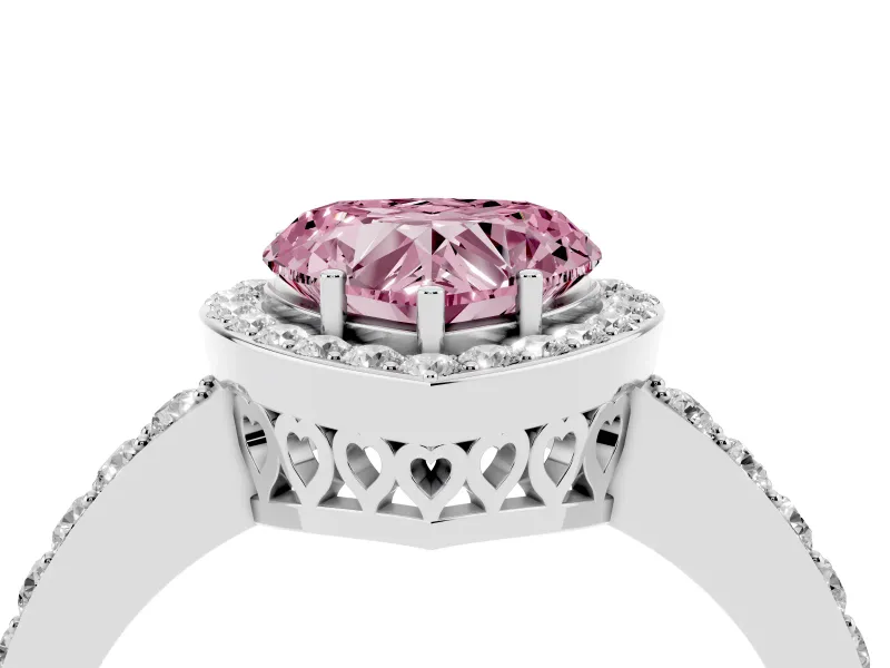 Fancy Pink Heart Cut Diamond Halo Ring Set in White gold with Pavé-Setting Band and Open Prong Center