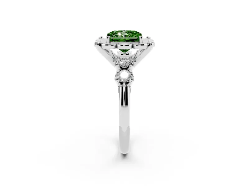 Fancy Green Radiant Cut Diamond Floral Halo Ring Set in Platinum with Shared Prong Band