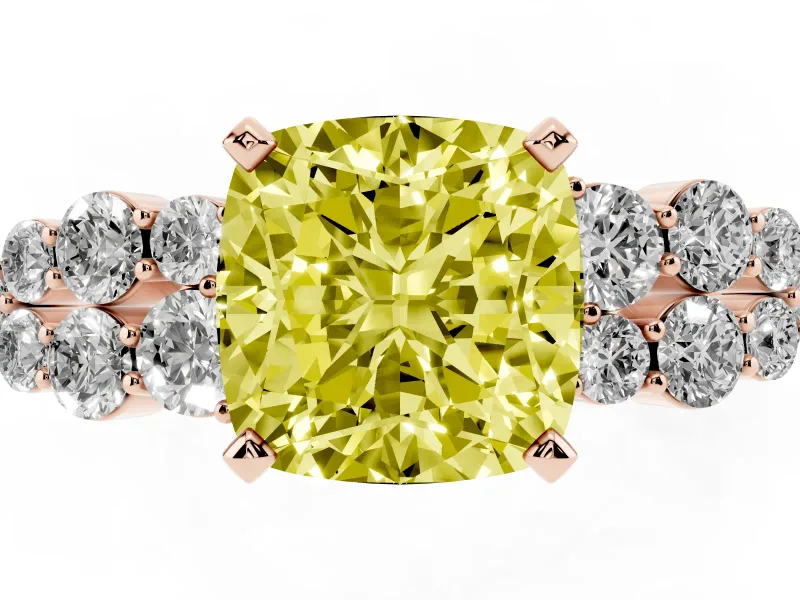 Cushion Cut Side Stone Engagement Ring Setting for a Fancy Yellow Lab-Grown Diamond | Shoulder Clusters | Rose Gold