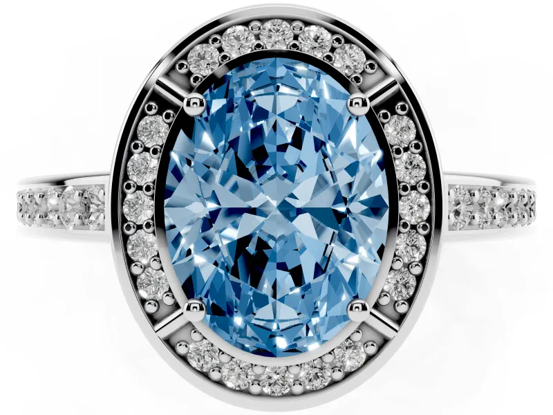 Fancy Blue Oval Cut Diamond Halo Pavé Split Shank Ring Set in Silver with Prong Setting