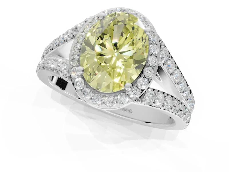 Oval Halo Pavé Engagement Ring Setting for a Fancy Yellow Lab-Grown Diamond | Narrow Split Shank | Sterling Silver
