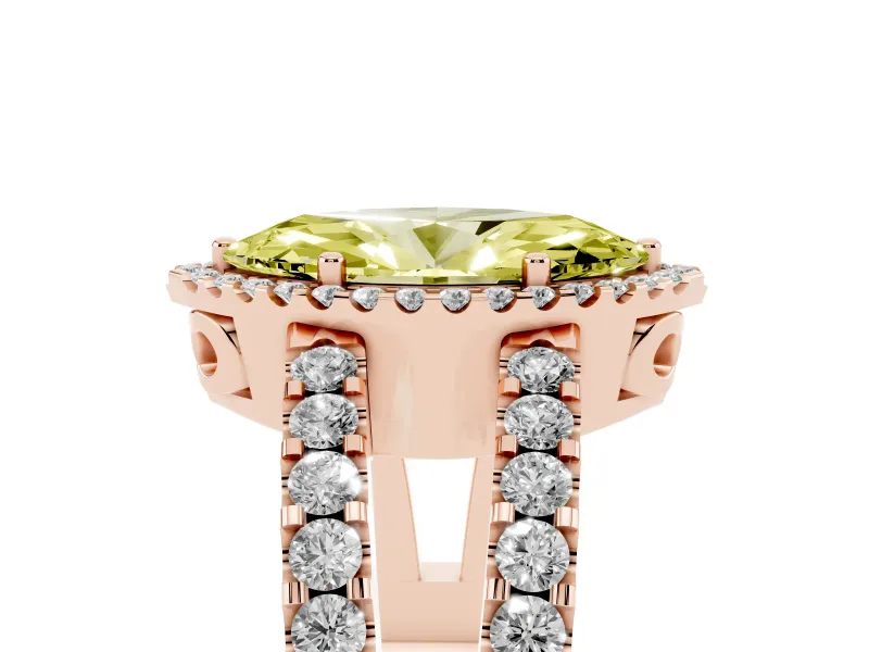 Fancy Yellow Marquise Cut Diamond Halo Ring Set in Rose gold with Pavé Split Shank and Prong Setting