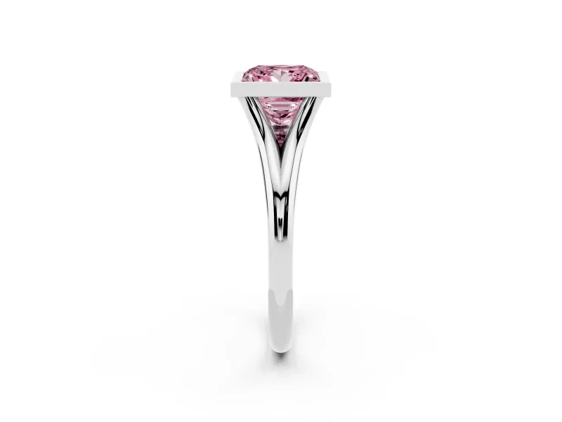 Fancy Pink Bezel Set Princess Cut Diamond Solitaire Ring Set in Platinum with Tapered Band