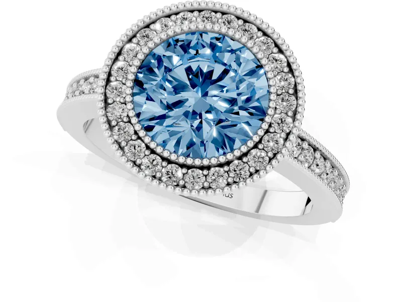 Round Milgrain Halo Engagement Ring Setting for a Fancy Blue Lab-Grown Diamond | Pave Band | Platinum
