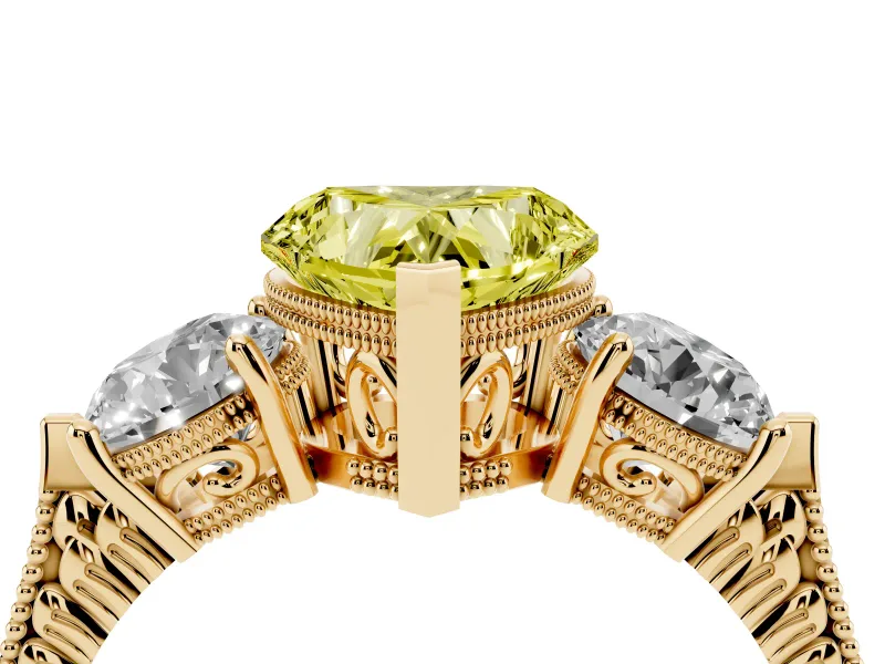 Heart-Shaped Vintage Three Stone Engagement Ring Setting for a Fancy Yellow Lab-Grown Diamond | Yellow Gold - Design NV-24868