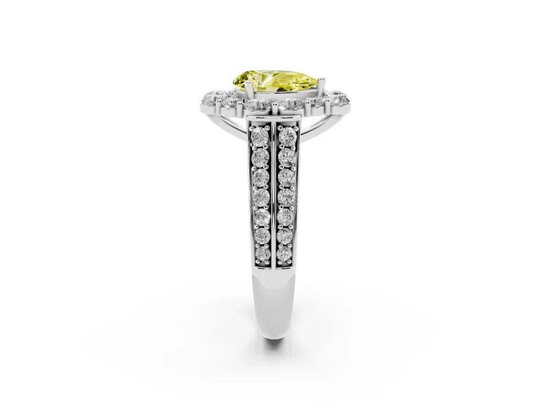Fancy Yellow Pear Cut Diamond Halo Engagement Ring Set in Platinum with Split Shank and Prong Setting