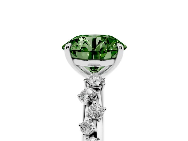 Fancy Green Round Cut Diamond Cluster Solitaire Ring Set in White gold with Prong Setting