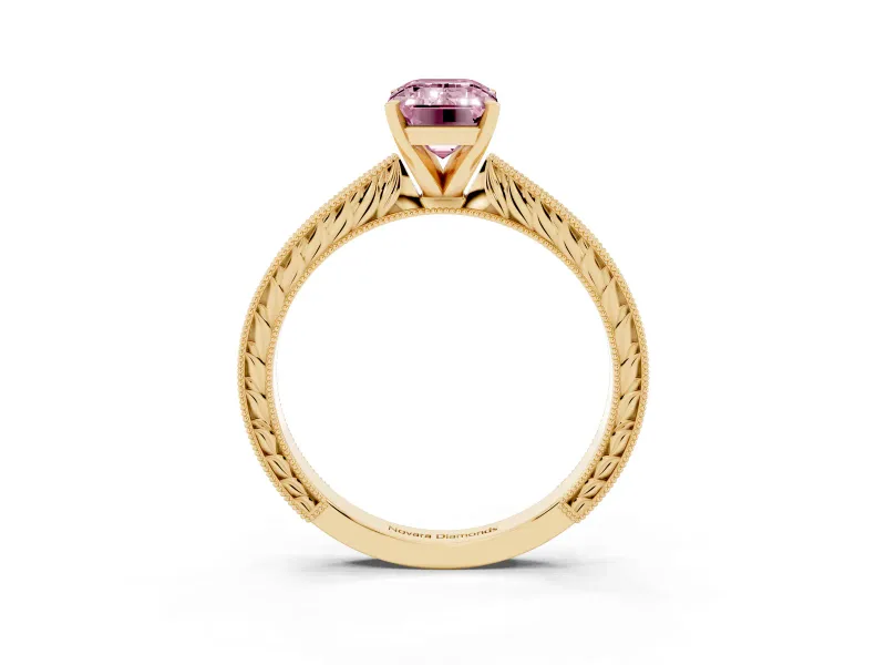 Emerald Cut Engraved Engagement Ring Setting for a Fancy Pink Lab-Grown Diamond | Yellow Gold