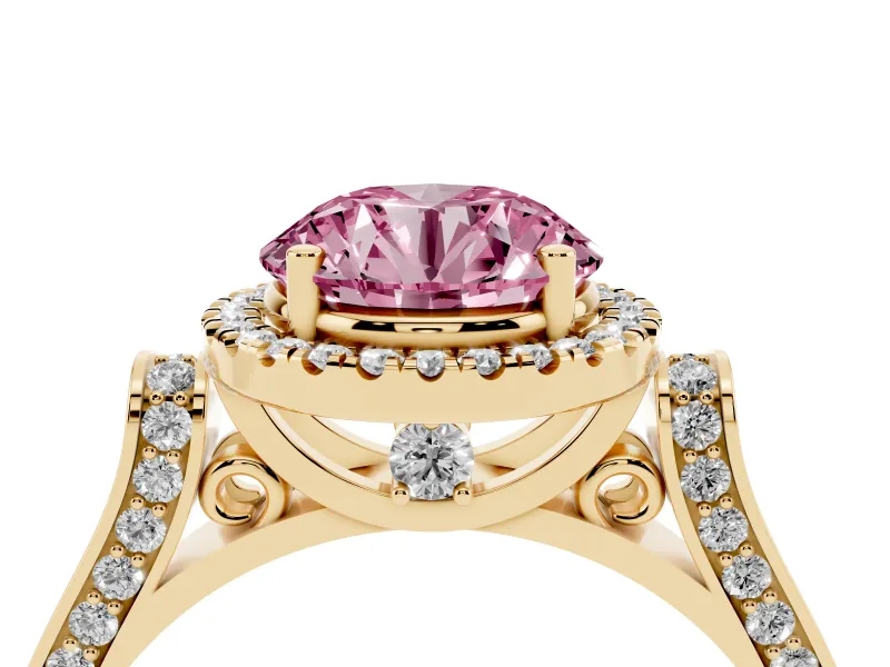 Round Pavé Halo Engagement Ring Setting for a Fancy Pink Lab-Grown Diamond | Yellow Gold