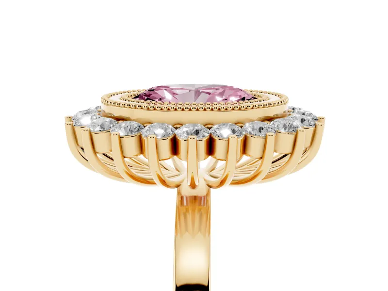 Fancy Pink Oval Cut Diamond Halo Ring Set in Yellow gold with Milgrain Edge and Round Prong Setting
